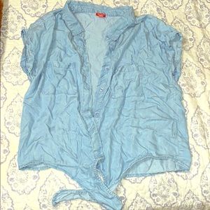 Guess Front Tie Button Up Chambray Top